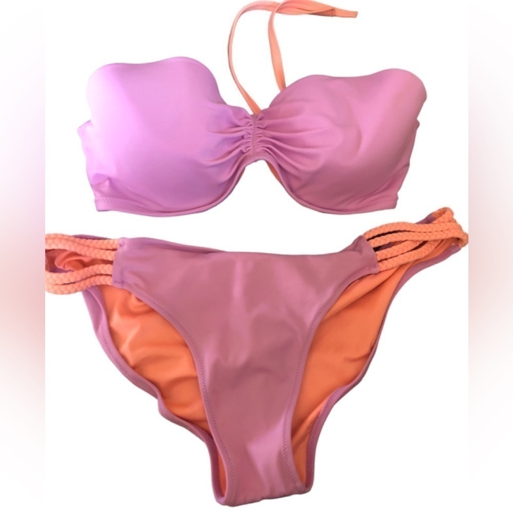 VS Lavender Peach Bikini Size 36D/L Underwire Support Braided Straps Ruched Top